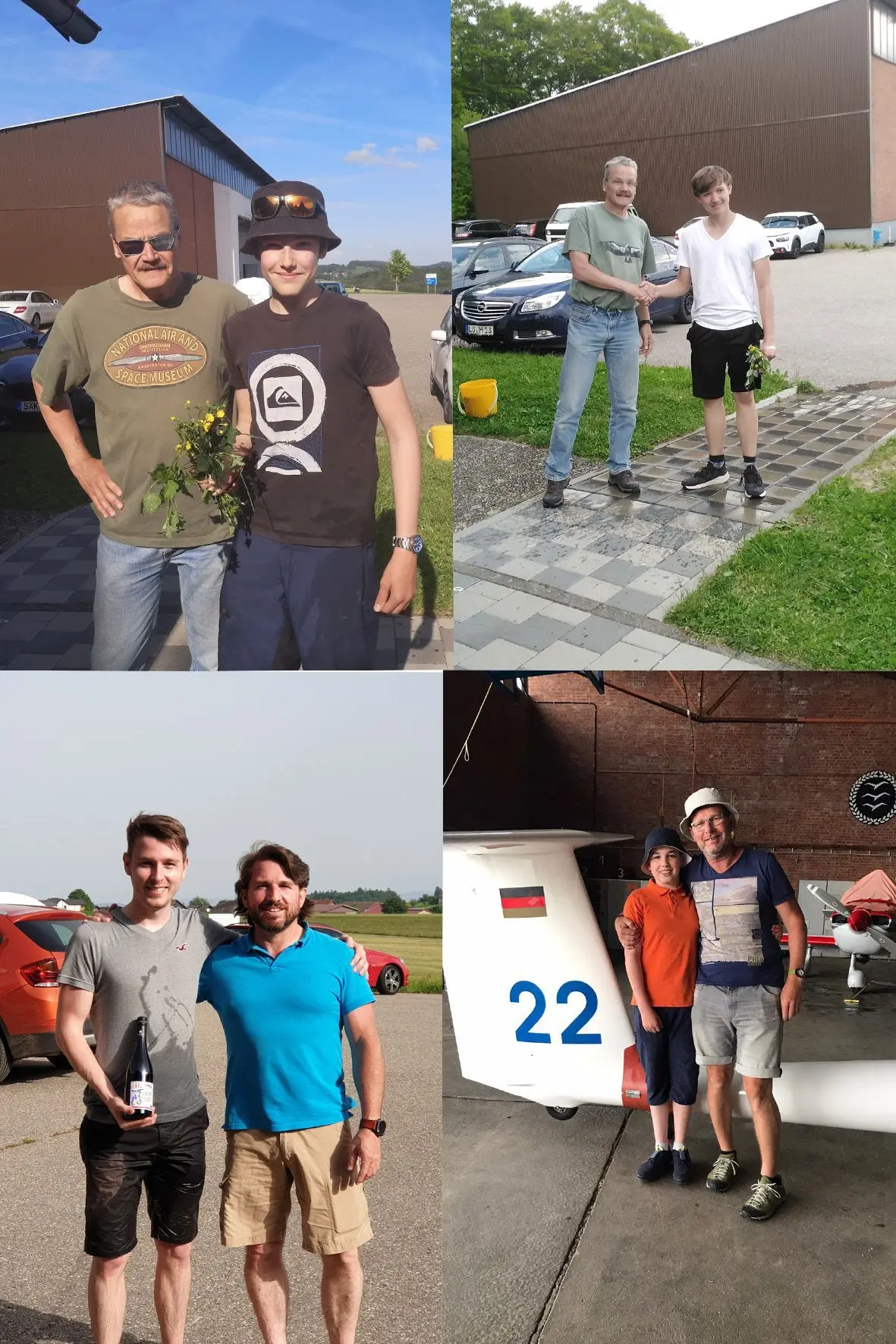 Collage von vier Bilder von Alleinfliegern, jeweils mit ihren Fluglehrern, aus dem Jahr 2021.